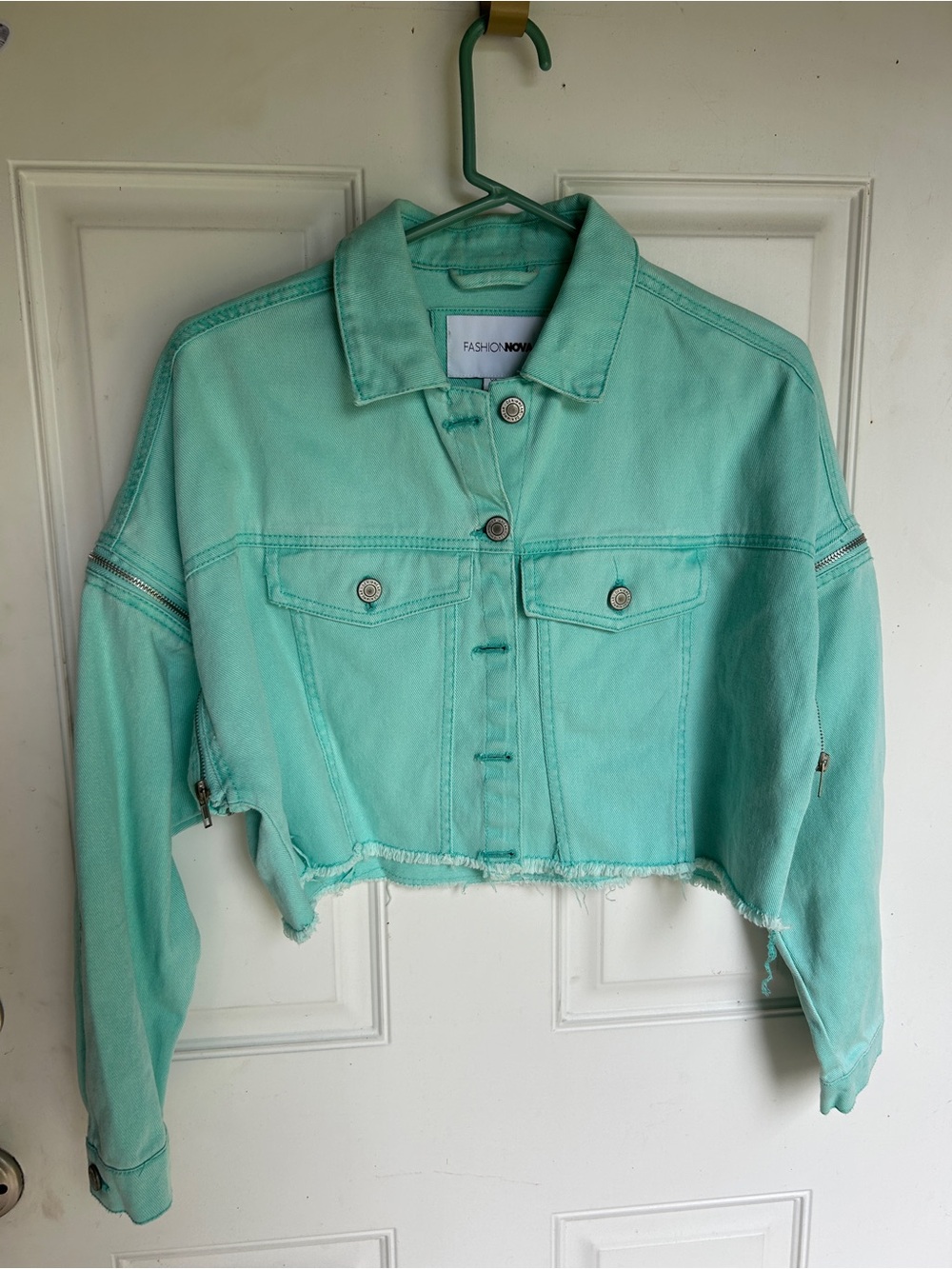 Fashion Nova Mint Green Cropped Denim Jacket